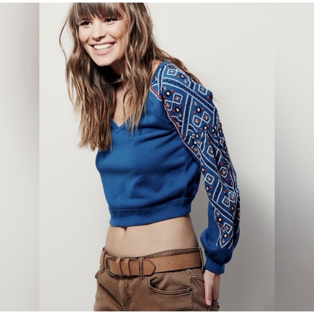 Free People Senorita Embroidered Balloon Sleeve Crop Sweatshirt Blue Boho Small